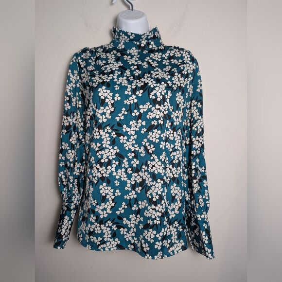 Who What Wear Tops - Who What Wear Dancing Clover Shirt High mock Neck Blouse Long Sleeve Satin Green
